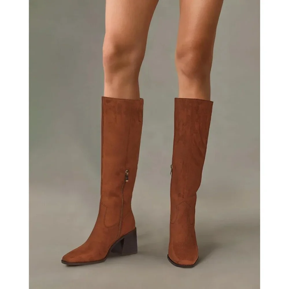 Women Brown-suede Polyurethane Knee High Square Toe Zipper Block Heel Tall Boots